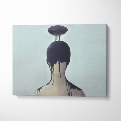 Contemporary dark cloud canvas wall art featuring a surreal moody black dripping figure on pale blue background