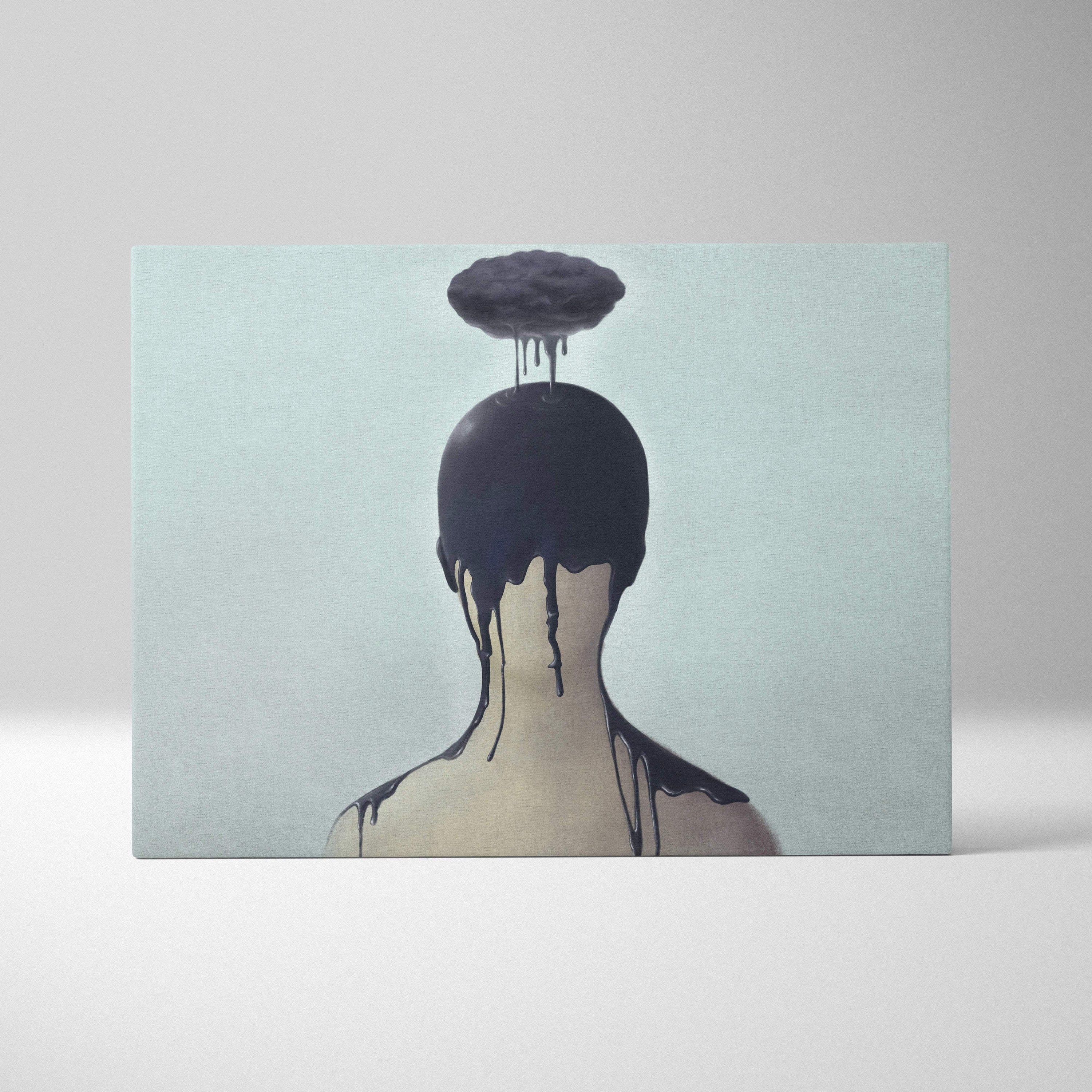 Contemporary dark cloud canvas wall art featuring surreal abstract portrait with moody black dripping figure design