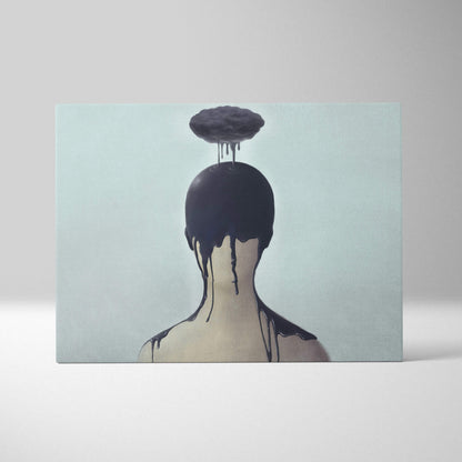 Contemporary dark cloud canvas wall art featuring surreal abstract portrait with moody black dripping figure design