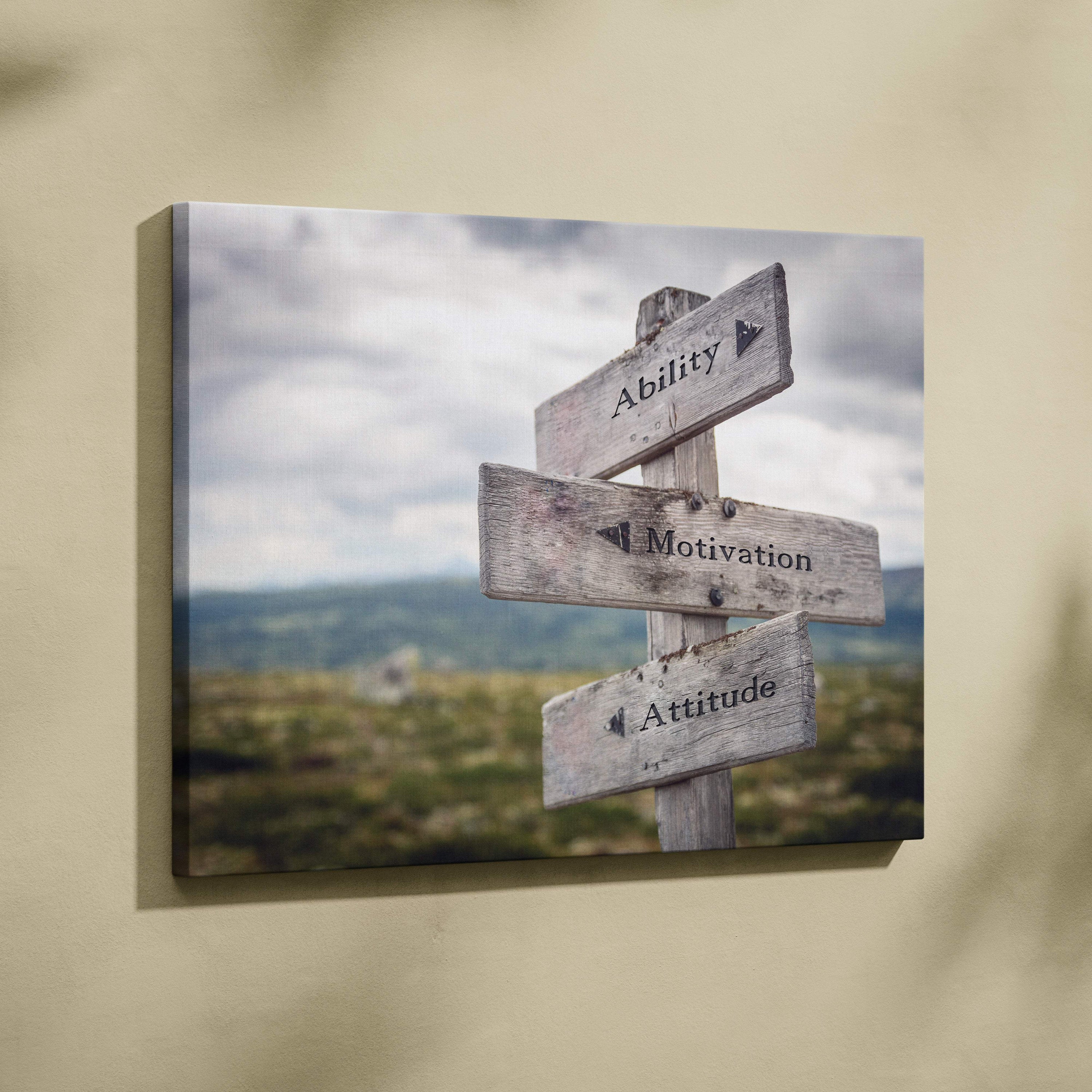 Weathered wooden signpost canvas wall art with ability motivation attitude rustic directional signs outdoors