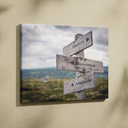 Weathered wooden signpost canvas wall art with ability motivation attitude rustic directional signs outdoors