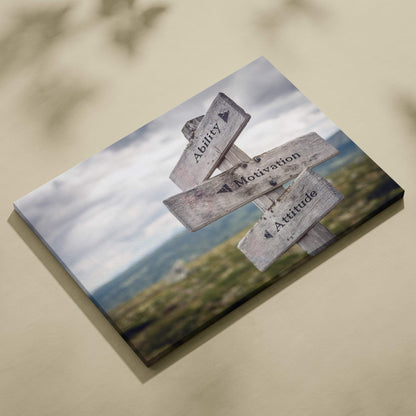 Rustic wooden signpost canvas print with weathered grayish brown planks engraved with ability motivation attitude text