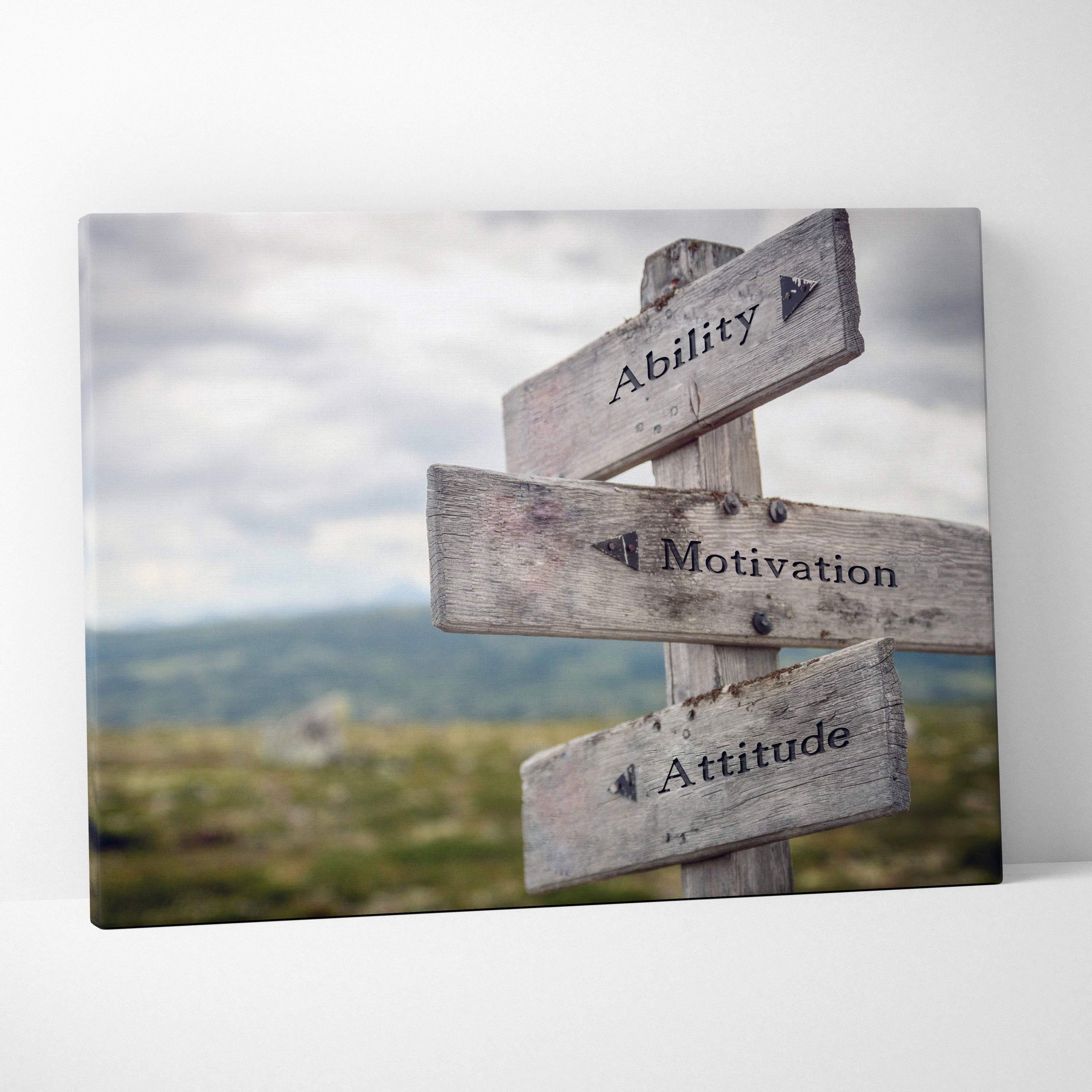 Motivational signpost canvas wall art with weathered gray wooden planks featuring ability motivation attitude text