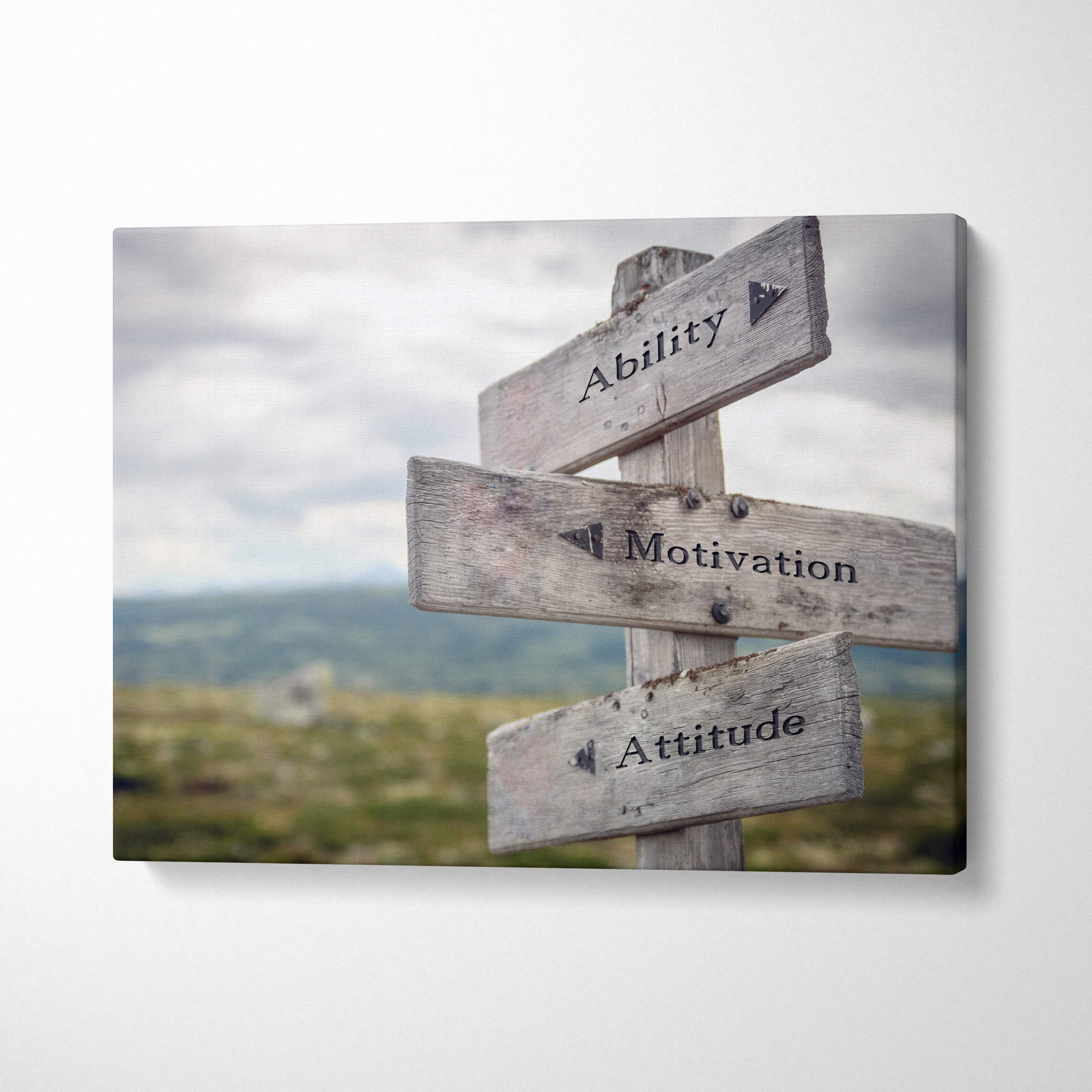 Weathered wooden signpost canvas wall art with ability motivation attitude black lettering rustic outdoor decor