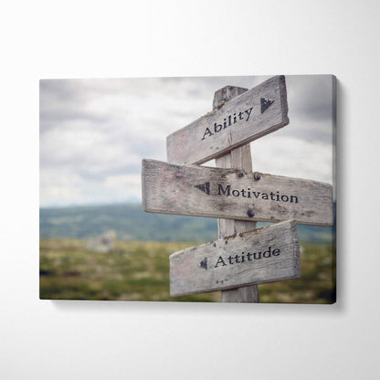 Weathered wooden signpost canvas wall art with ability motivation attitude black lettering rustic outdoor decor