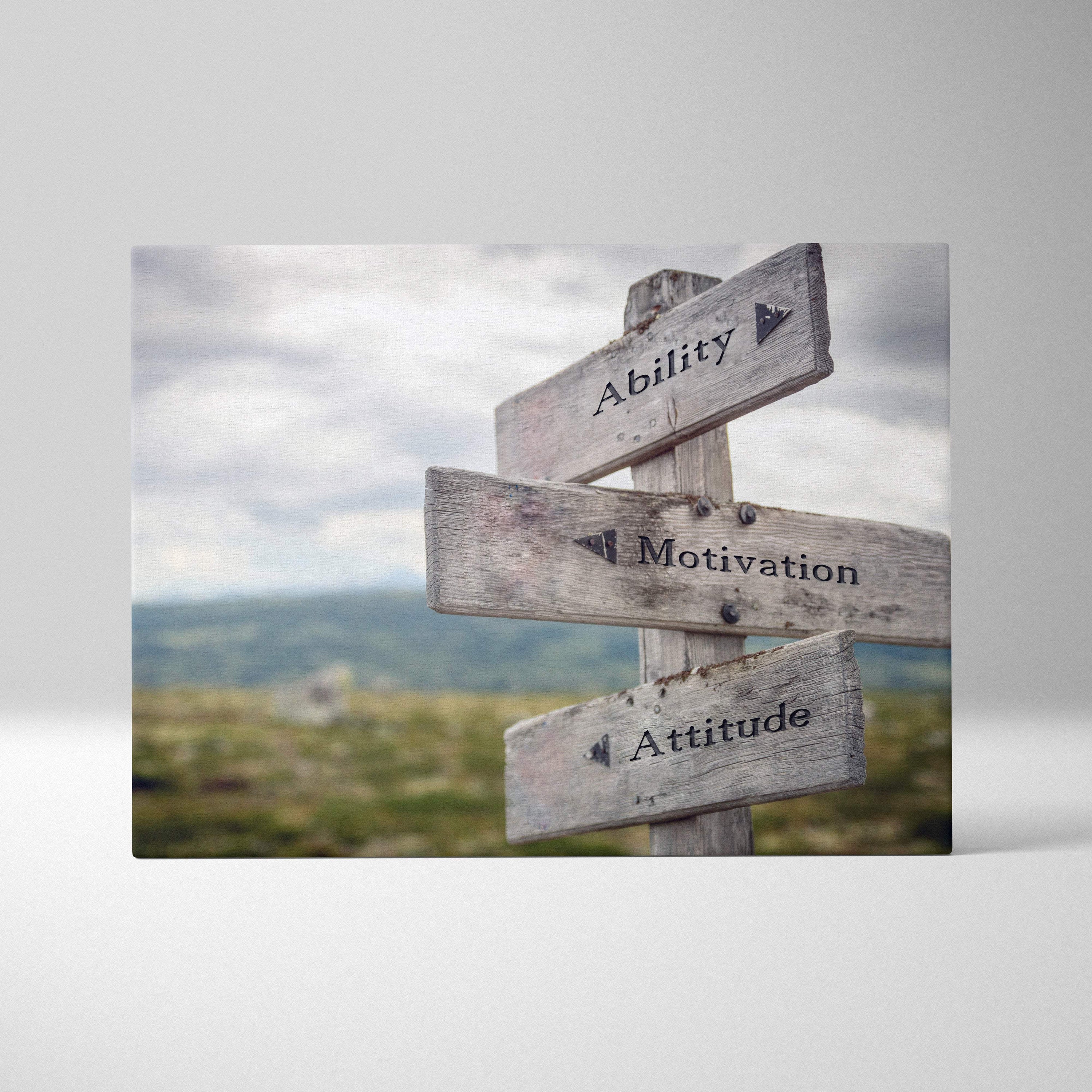 Weathered wooden signpost with three rustic grayish planks engraved with ability motivation attitude for inspirational decor