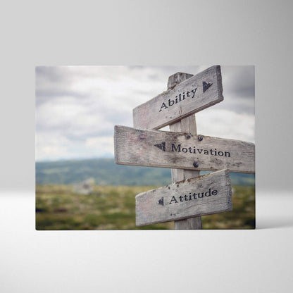 Weathered wooden signpost with three rustic grayish planks engraved with ability motivation attitude for inspirational decor