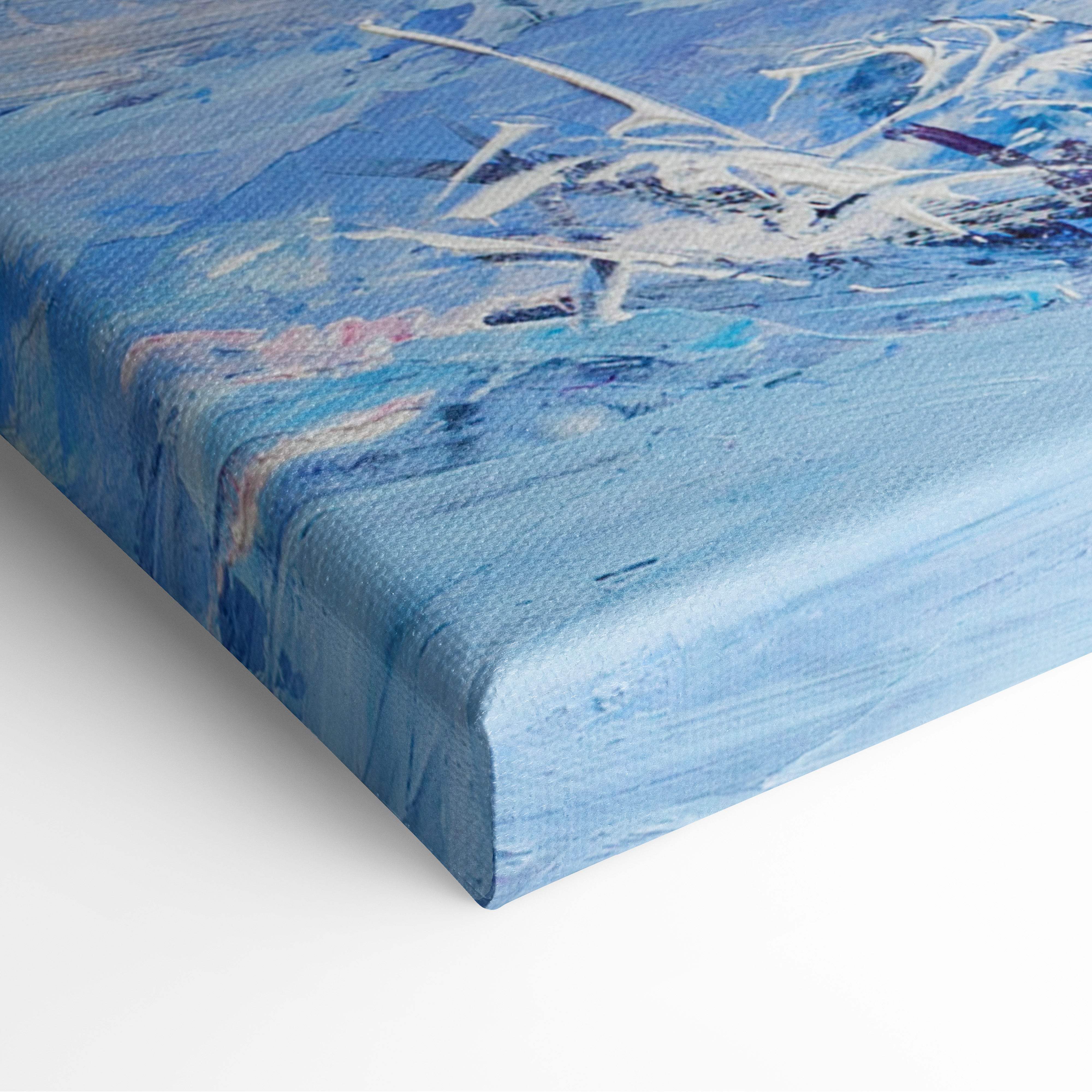Winter river painting style wall art canvas print with blue abstract textured brushstrokes and white pink purple accents