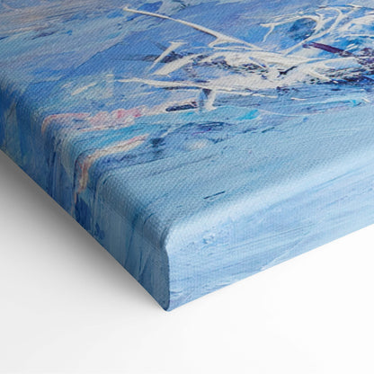 Winter river painting style wall art canvas print with blue abstract textured brushstrokes and white pink purple accents