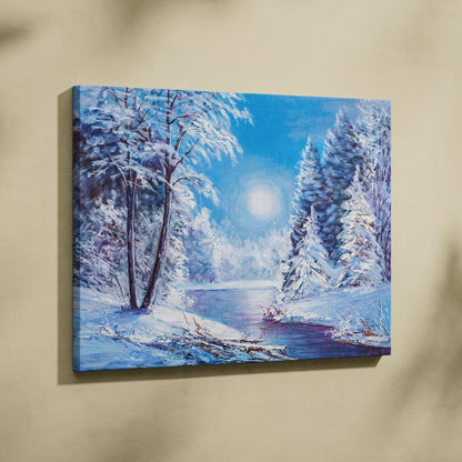 Winter river painting style wall art featuring snow-covered pine trees and a frozen river on stretched canvas