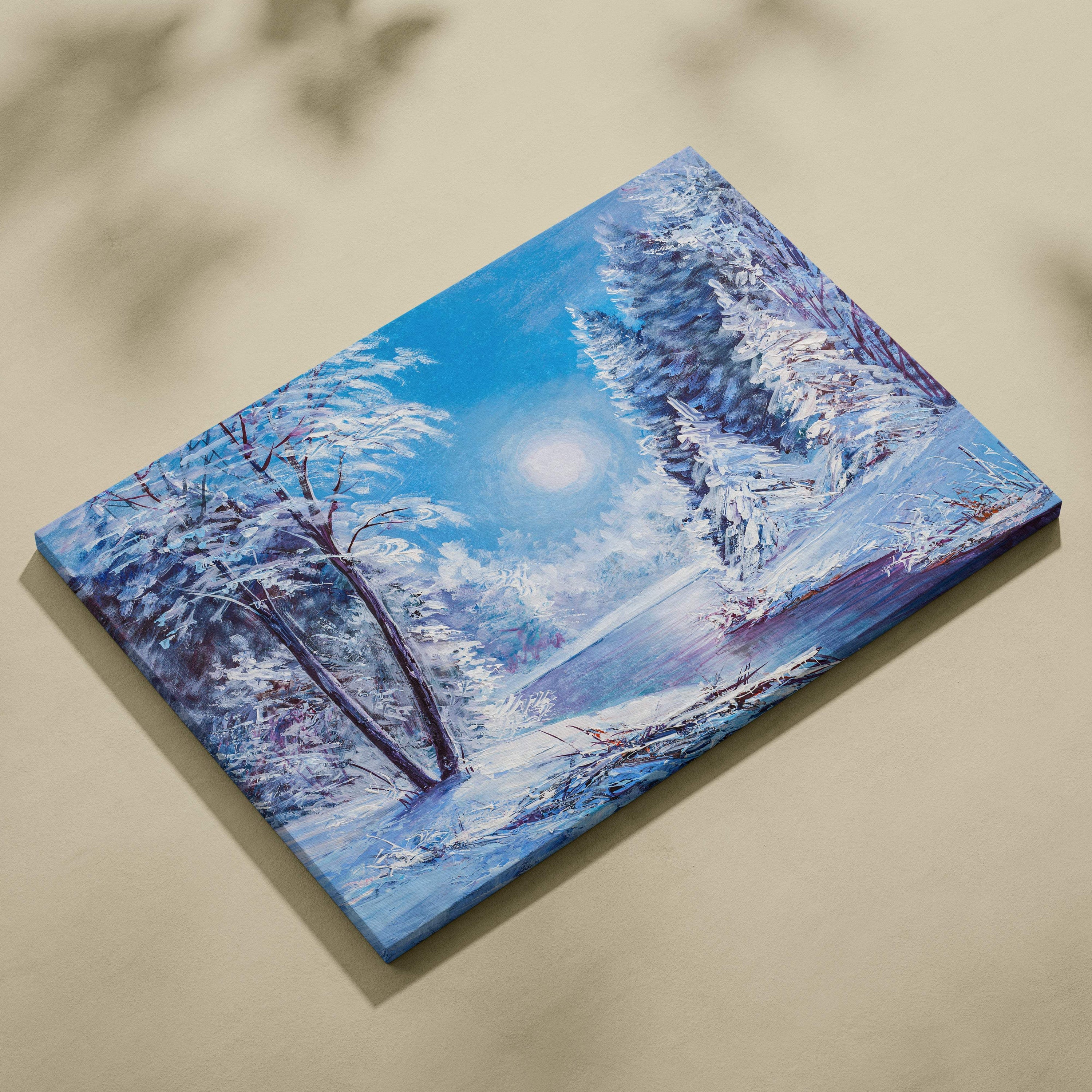 Rectangular canvas print of a snowy forest landscape with icy water in soft blue and white tones under moonlight