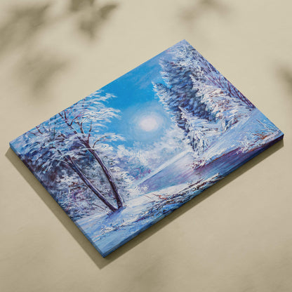 Rectangular canvas print of a snowy forest landscape with icy water in soft blue and white tones under moonlight