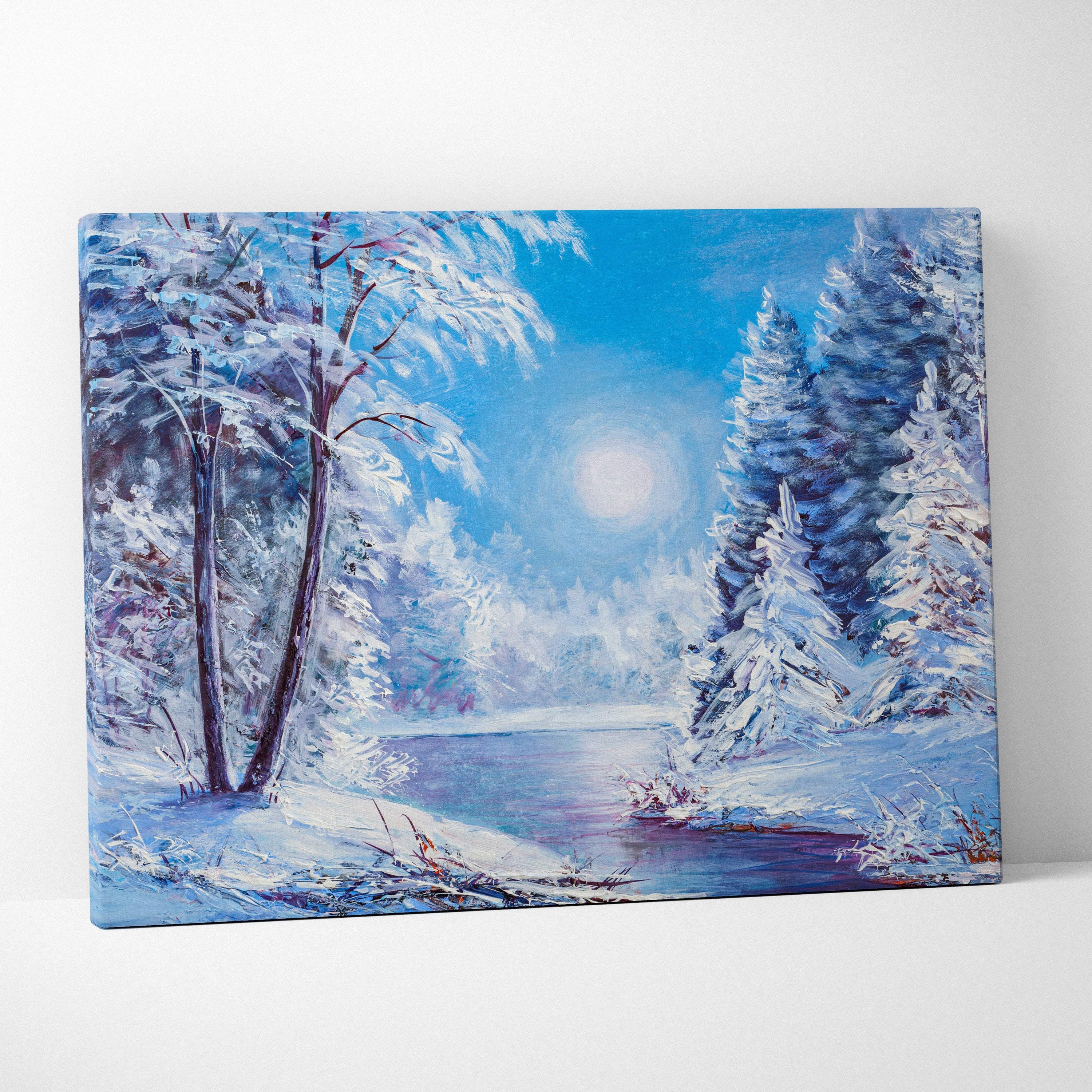 Winter river painting style wall art canvas print of snowy forest landscape with icy water and soft blue tones