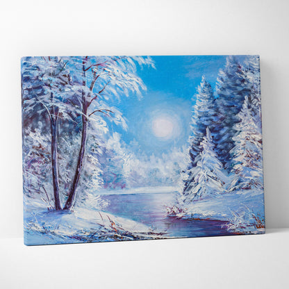 Winter river painting style wall art canvas print of snowy forest landscape with icy water and soft blue tones
