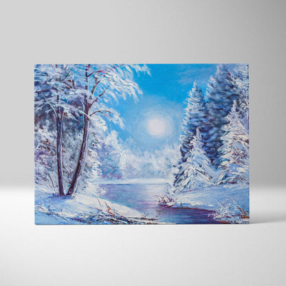 Winter river painting style wall art of snow-covered pine trees and a glowing moon over a frozen lake on canvas