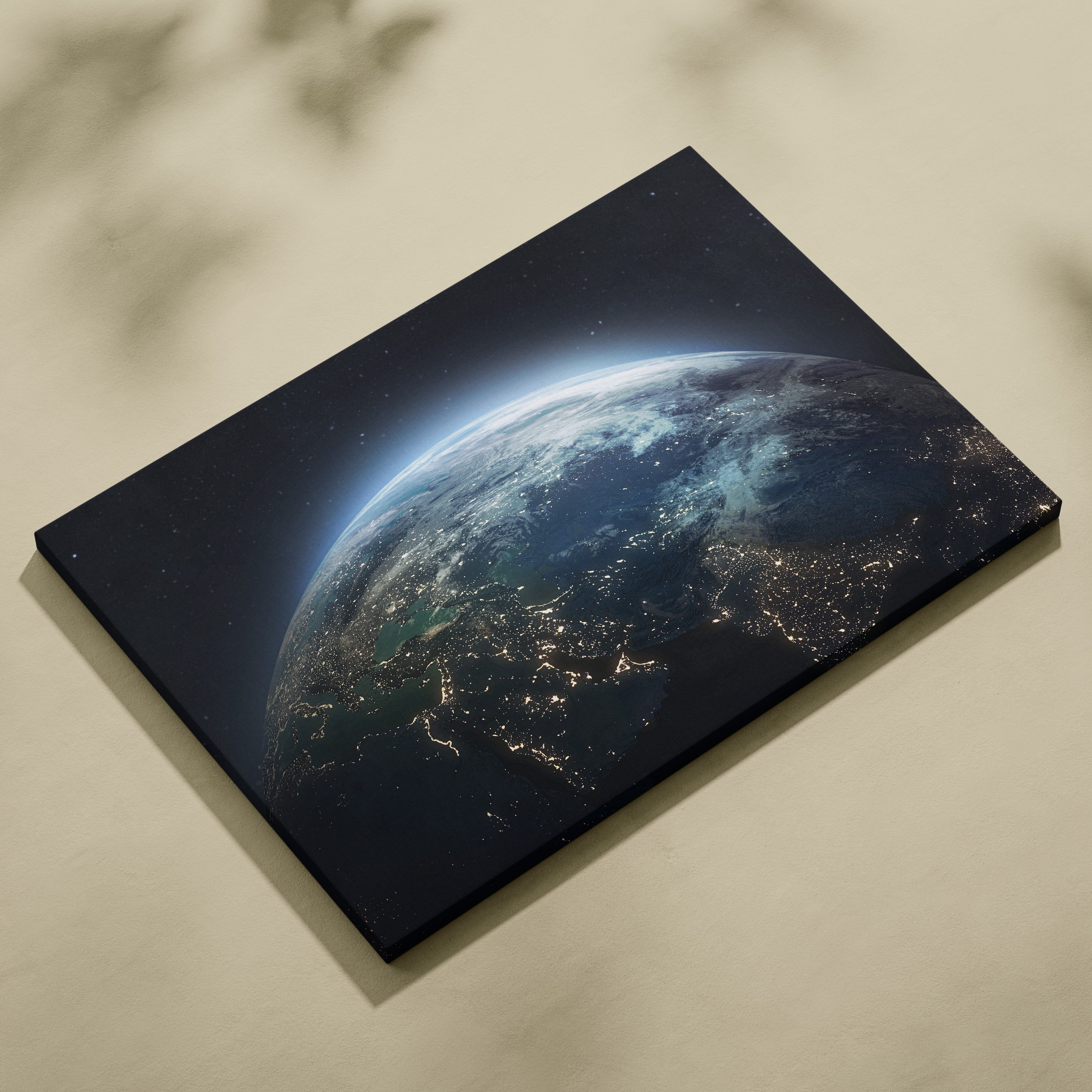 Black canvas print of earth from space showing blue planet city lights for modern office or bedroom decor