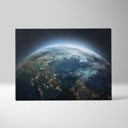 Rectangular canvas print showing earth from space with blue planet city lights and glowing atmospheric rim for modern decor