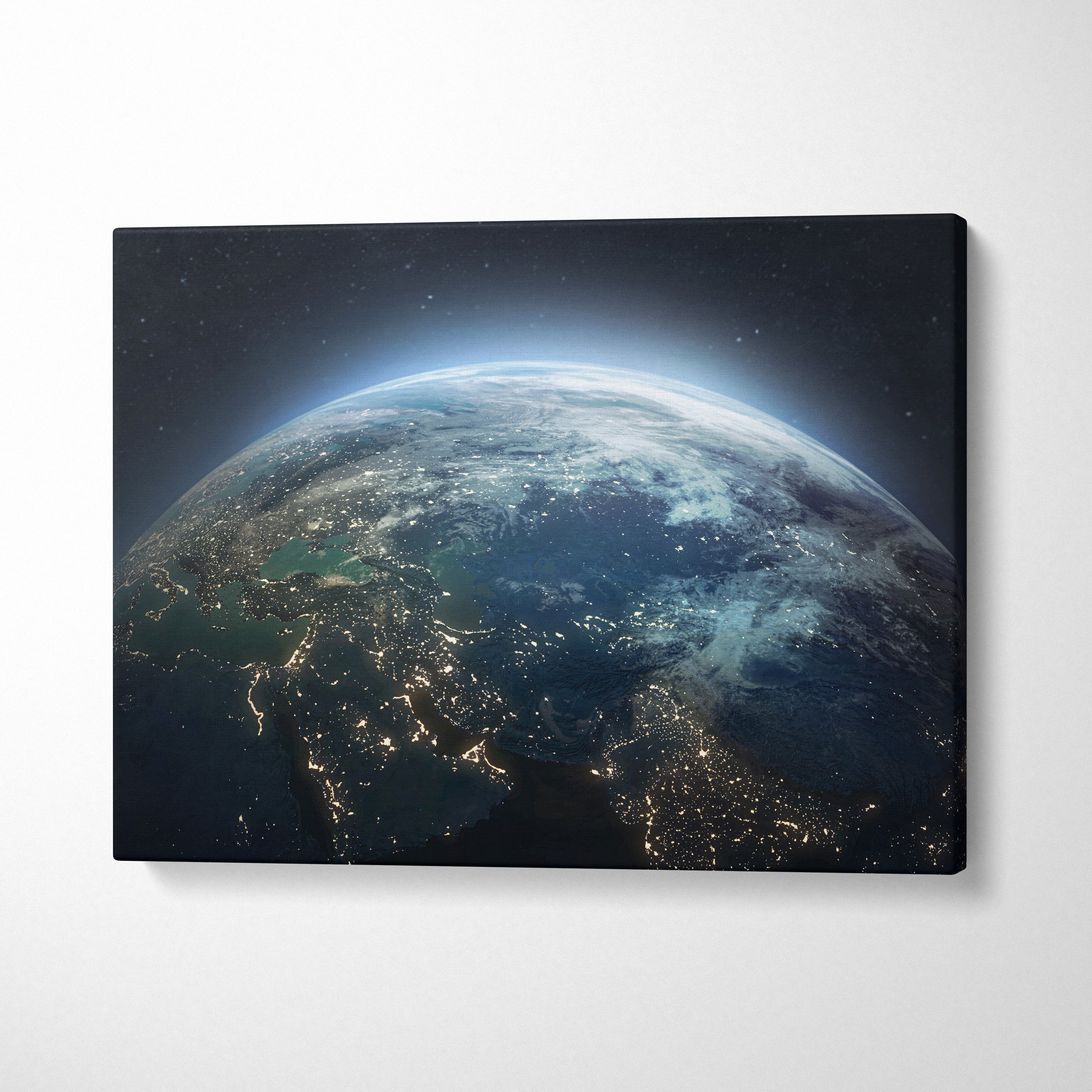 Rectangular earth from space canvas print with blue planet city lights photography for modern office or bedroom decor