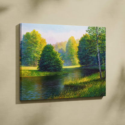 Vibrant canvas print of sunny river landscape with lush green meadow and forest reflection in calm water