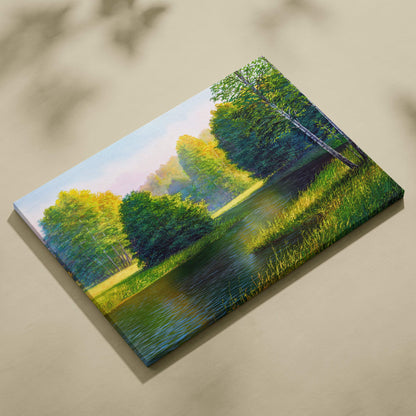 A vibrant canvas print of a sunny river landscape with lush green trees and golden sunlight filtering through foliage