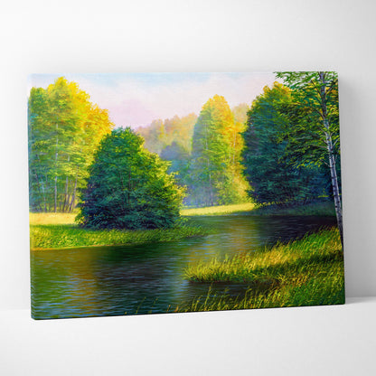 Sunny river landscape painting style wall art featuring a vibrant forest lake with green and golden yellow trees on canvas