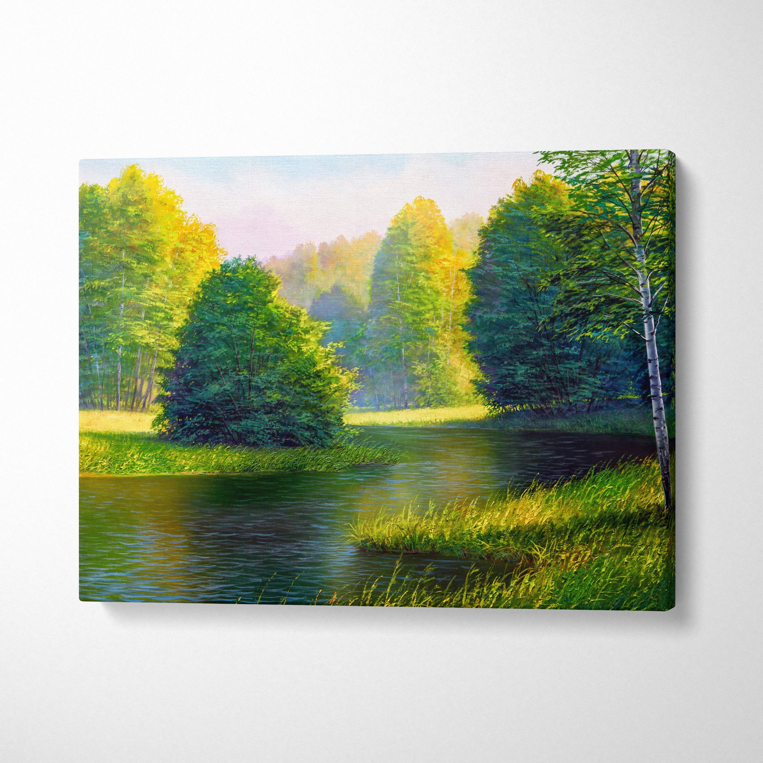 Vibrant canvas painting of a sunny river landscape with lush green and golden trees reflecting on calm water