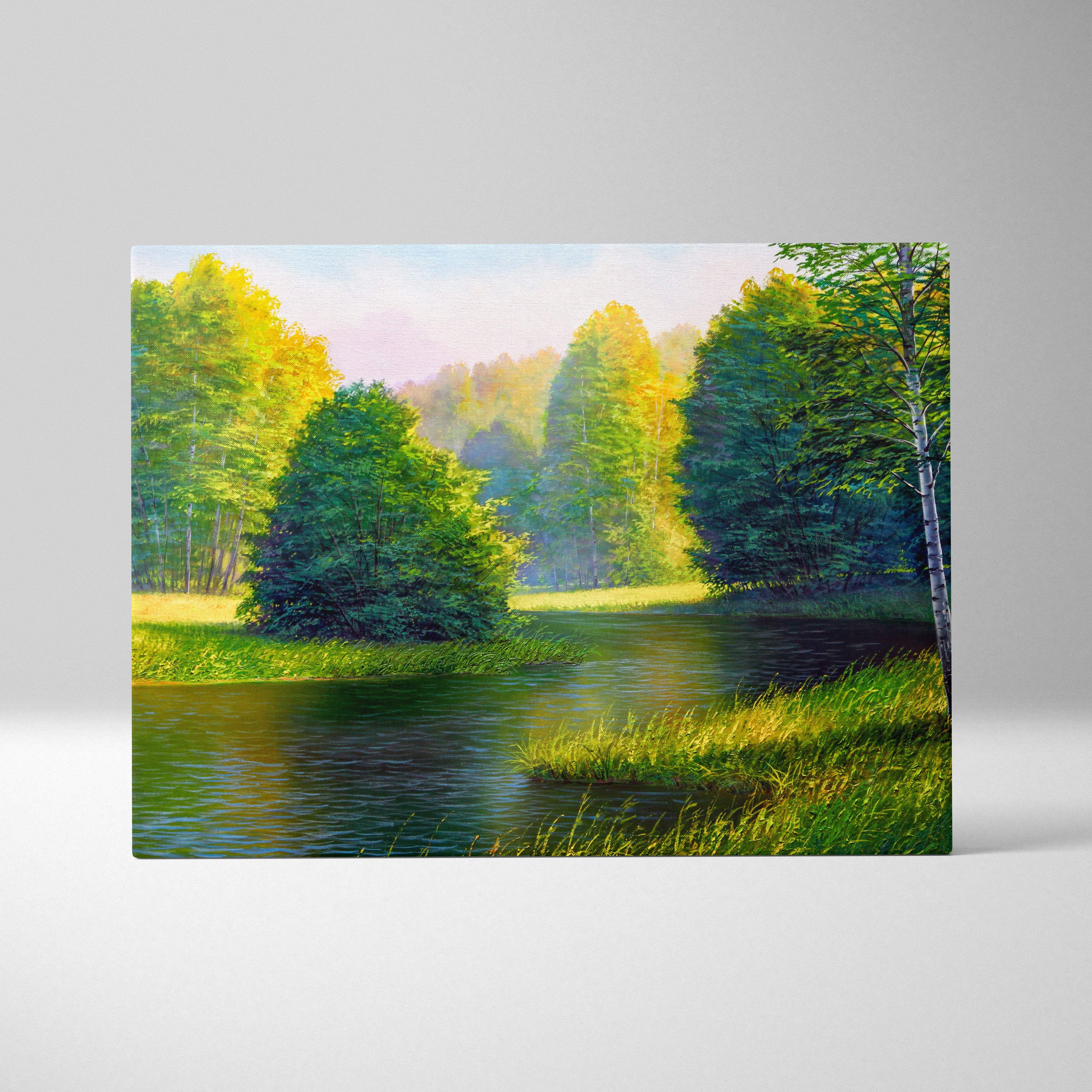 Rectangular canvas painting of a sunny river landscape with lush green forest reflection and golden sunlight filtering through trees