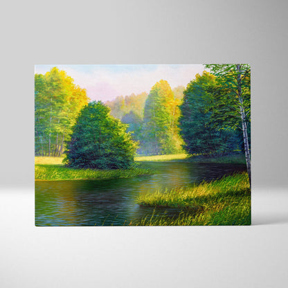 Rectangular canvas painting of a sunny river landscape with lush green forest reflection and golden sunlight filtering through trees