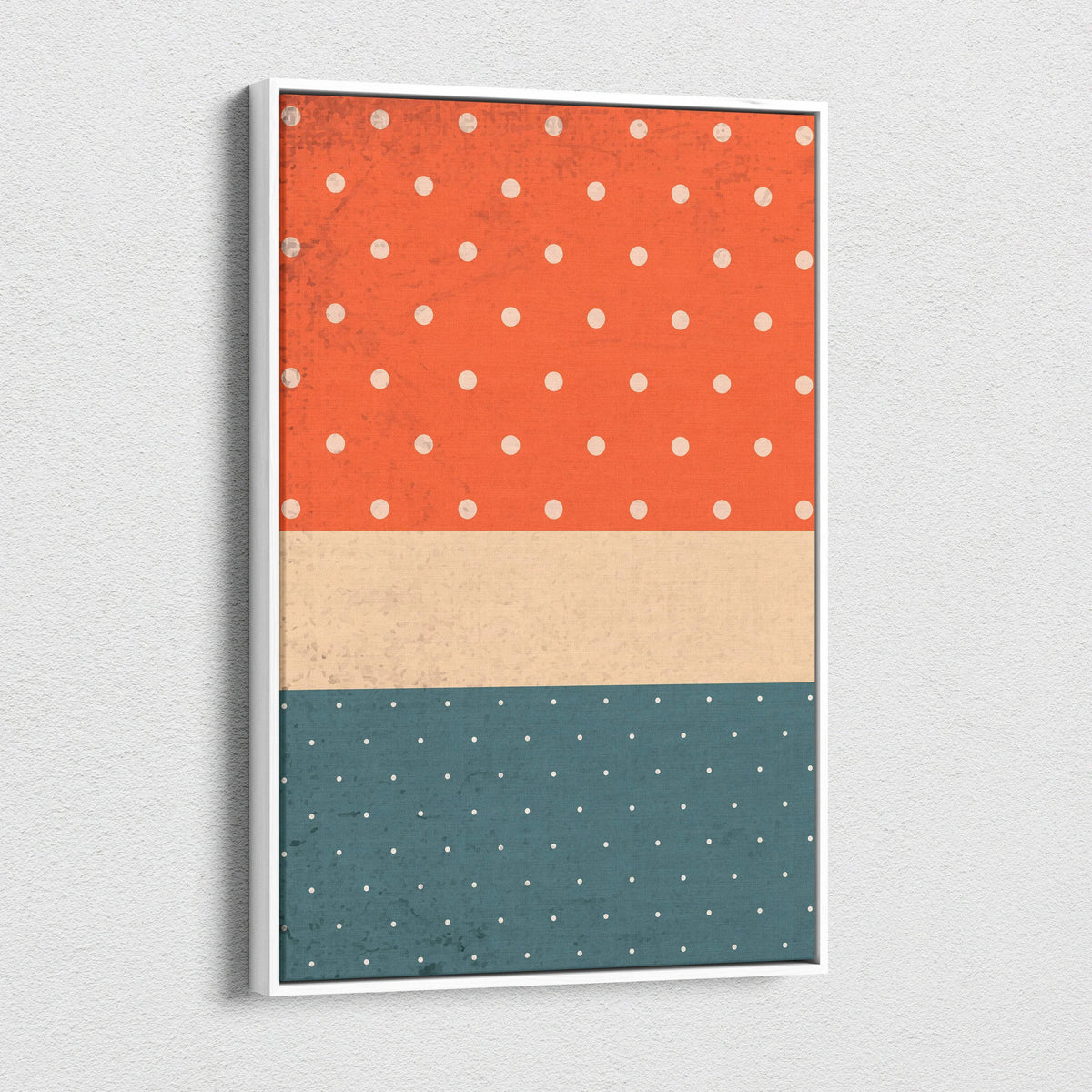 Retro polka dot canvas wall art in burnt orange, beige, teal, white dots, framed