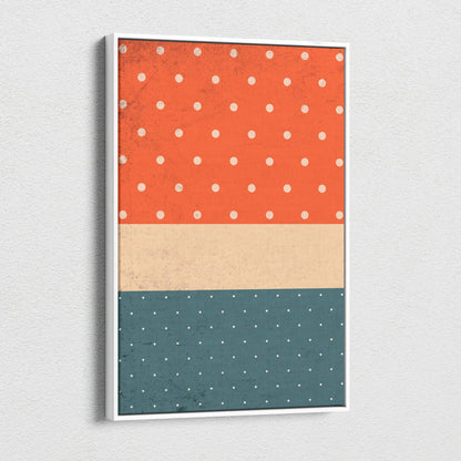 Retro polka dot canvas wall art in burnt orange, beige, teal, white dots, framed