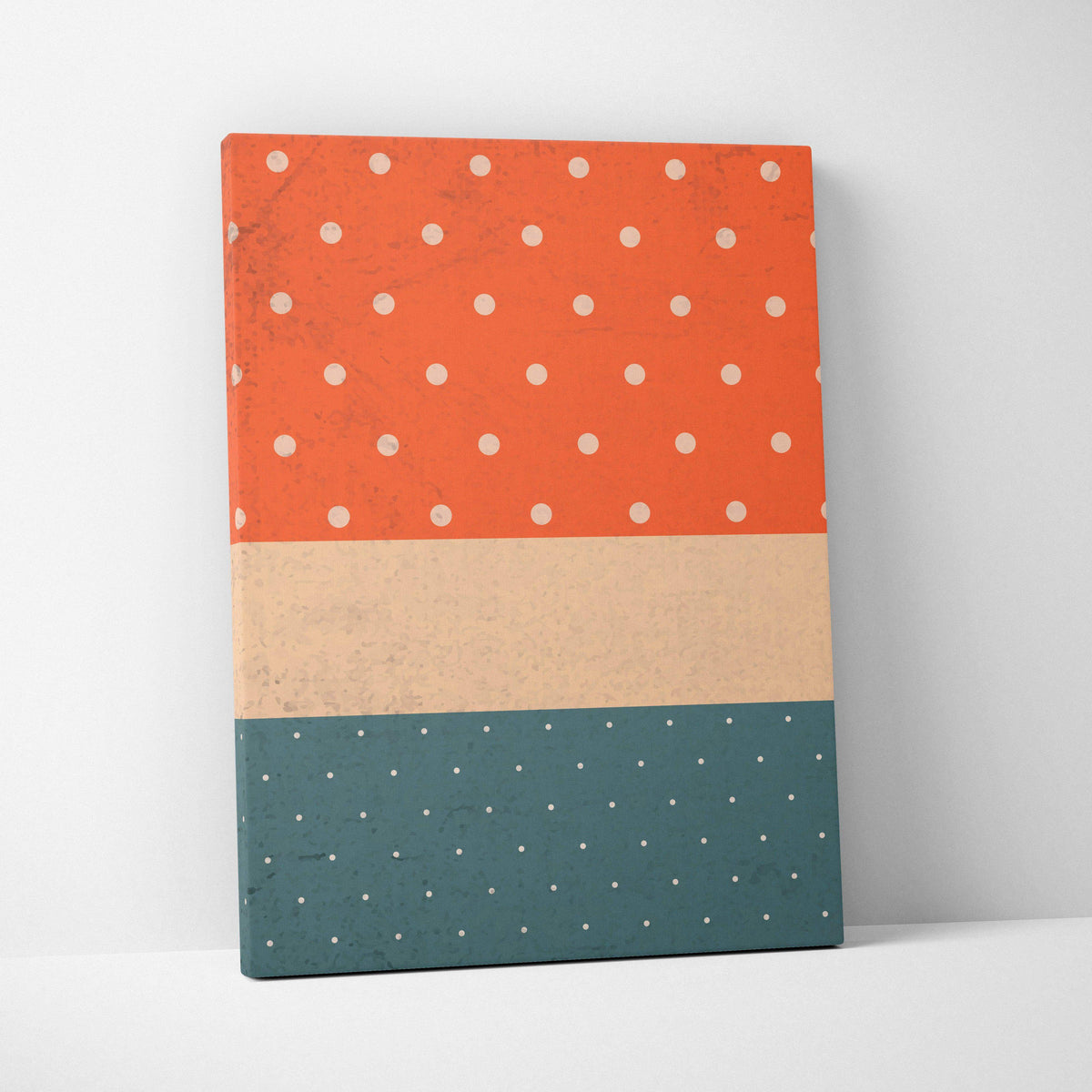 Retro polka dot canvas wall art in burnt orange, beige, teal, white dots