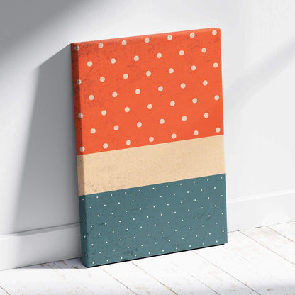 Retro polka dot canvas wall art in burnt orange, beige, teal, white dots