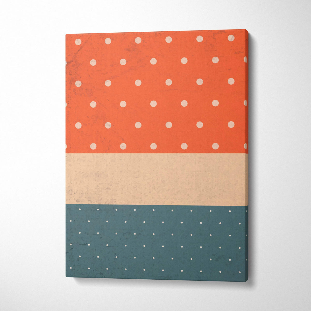Retro polka dot canvas wall art in burnt orange, beige, teal, white dots
