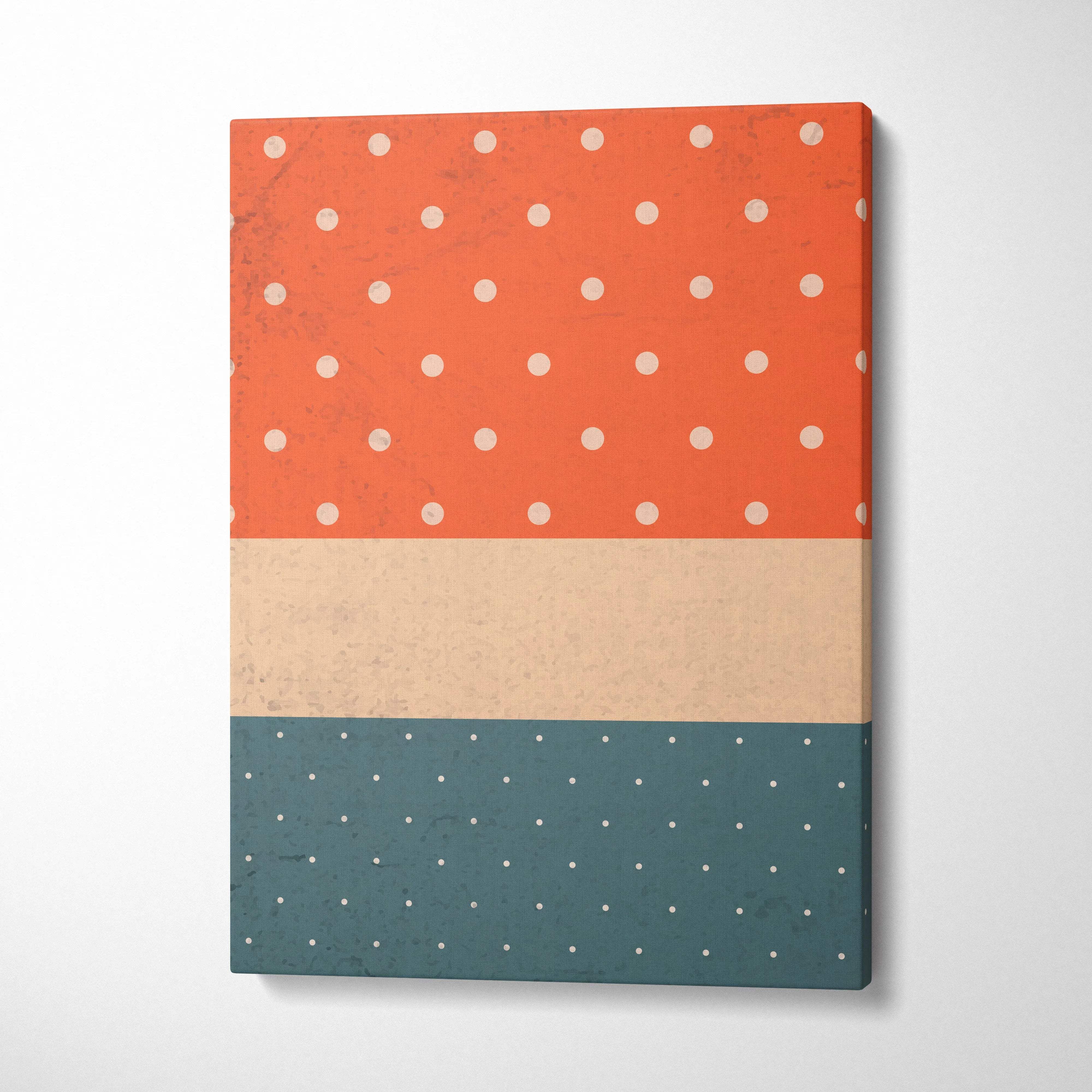 Retro polka dot canvas wall art in burnt orange, beige, teal, white dots