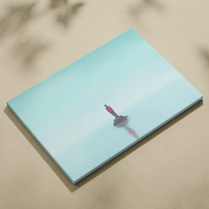 Contemporary lone figure canvas wall art with a minimalist pink figure on a rocket against a blue gradient sky