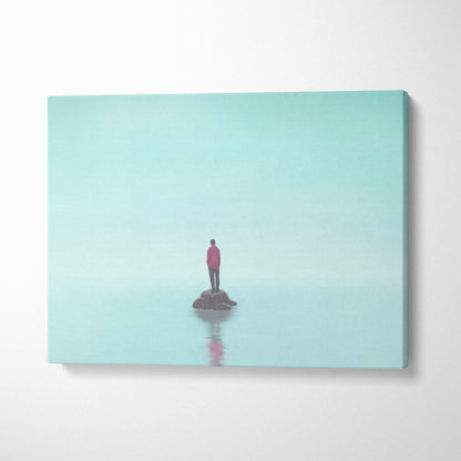 Contemporary lone figure canvas wall art featuring a minimalist red jacket figure on dark rock with aqua gradient background