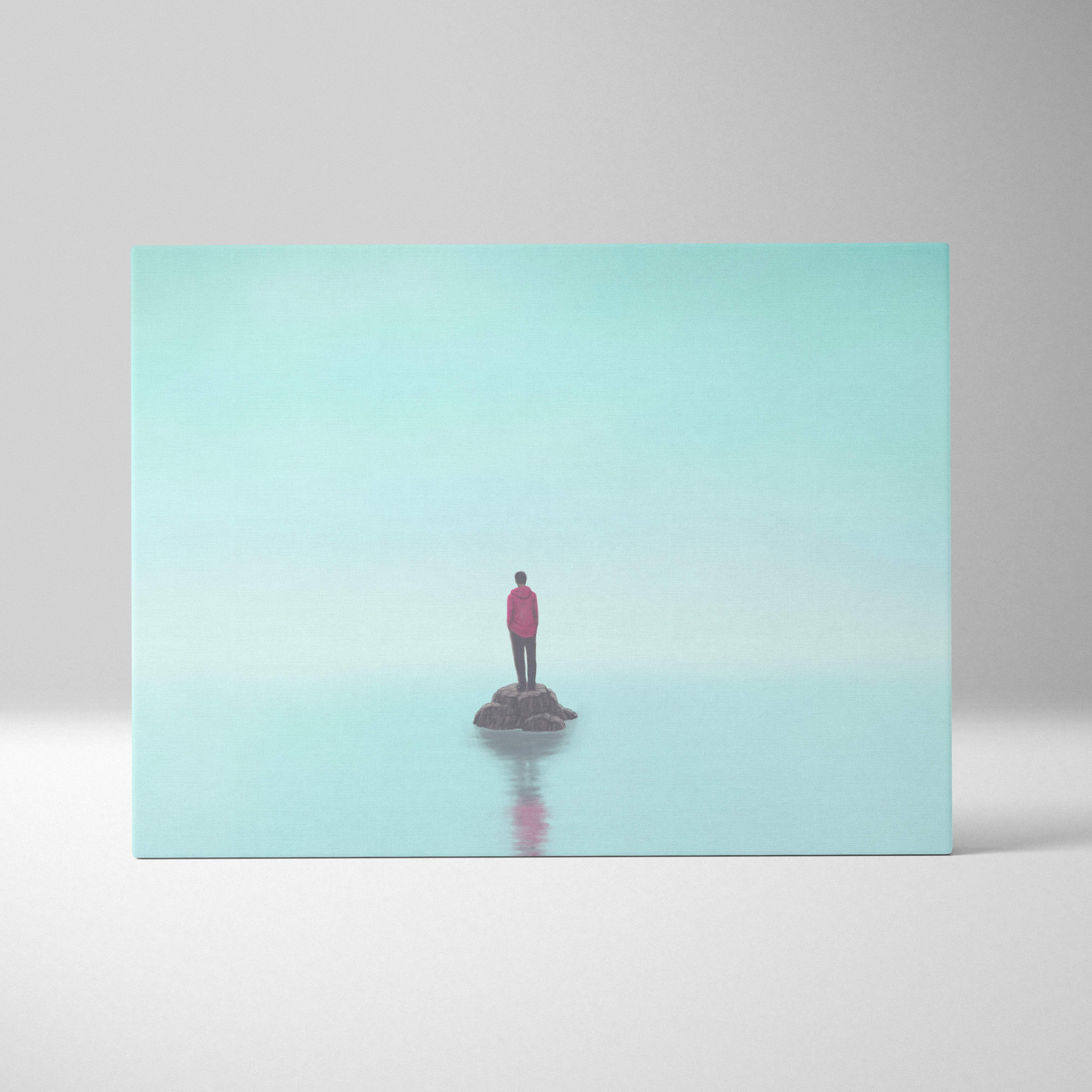 Contemporary lone figure canvas wall art featuring a minimalist red jacket figure on dark rock with aqua gradient background