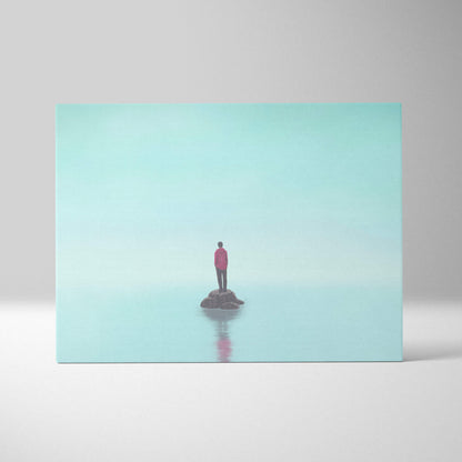 Contemporary lone figure canvas wall art featuring a minimalist red jacket figure on dark rock with aqua gradient background