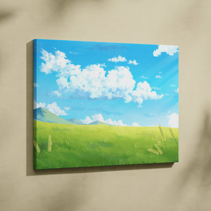 A vibrant canvas wall art print featuring a sunny green meadow with blue sky anime landscape for peaceful interiors