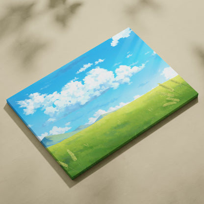 Rectangular canvas wall art print featuring a vibrant blue sky and golden wheat field for peaceful bedroom decor
