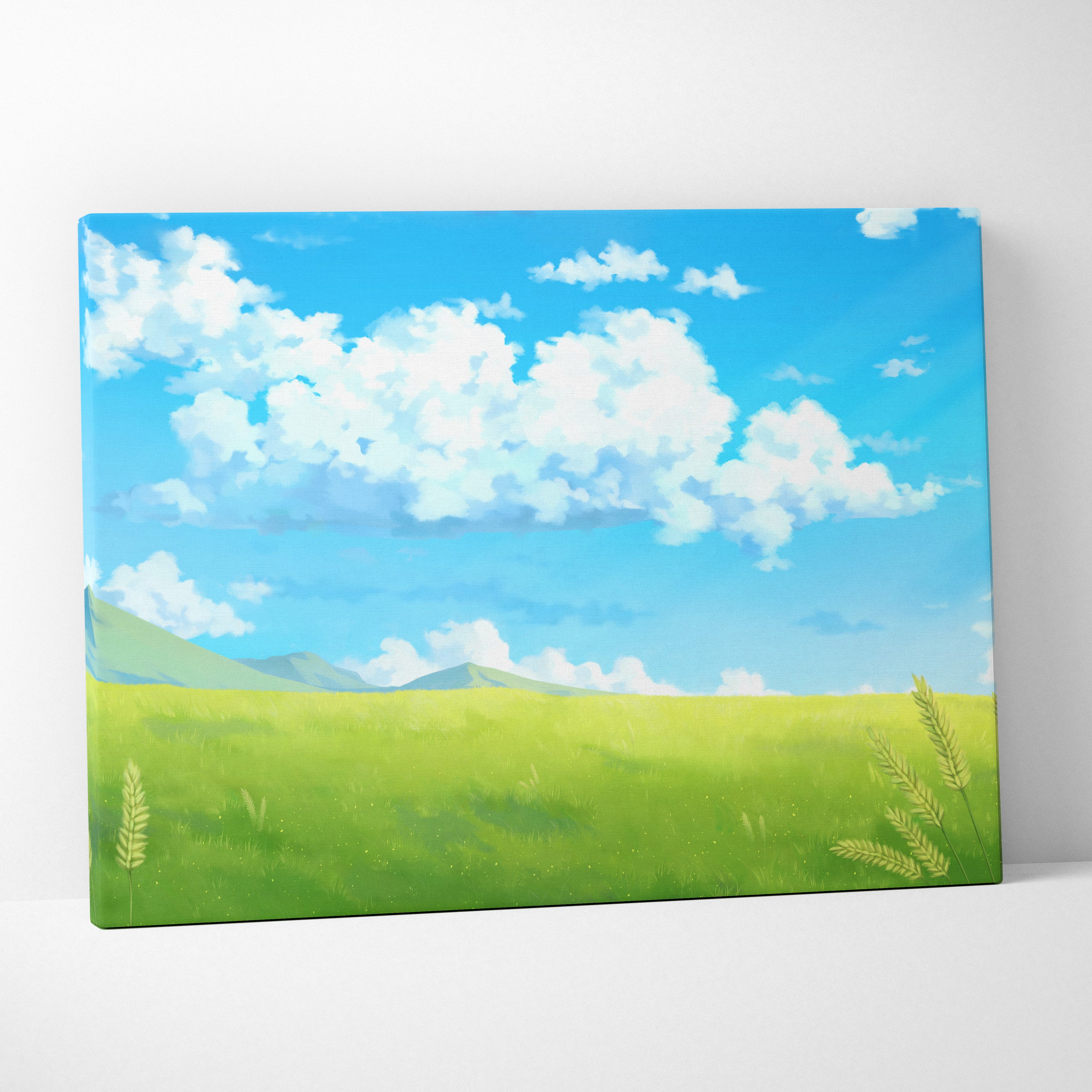 Rectangular canvas wall art print of a blue sky anime landscape with green meadow and wheat for peaceful rooms