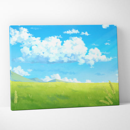 Rectangular canvas wall art print of a blue sky anime landscape with green meadow and wheat for peaceful rooms