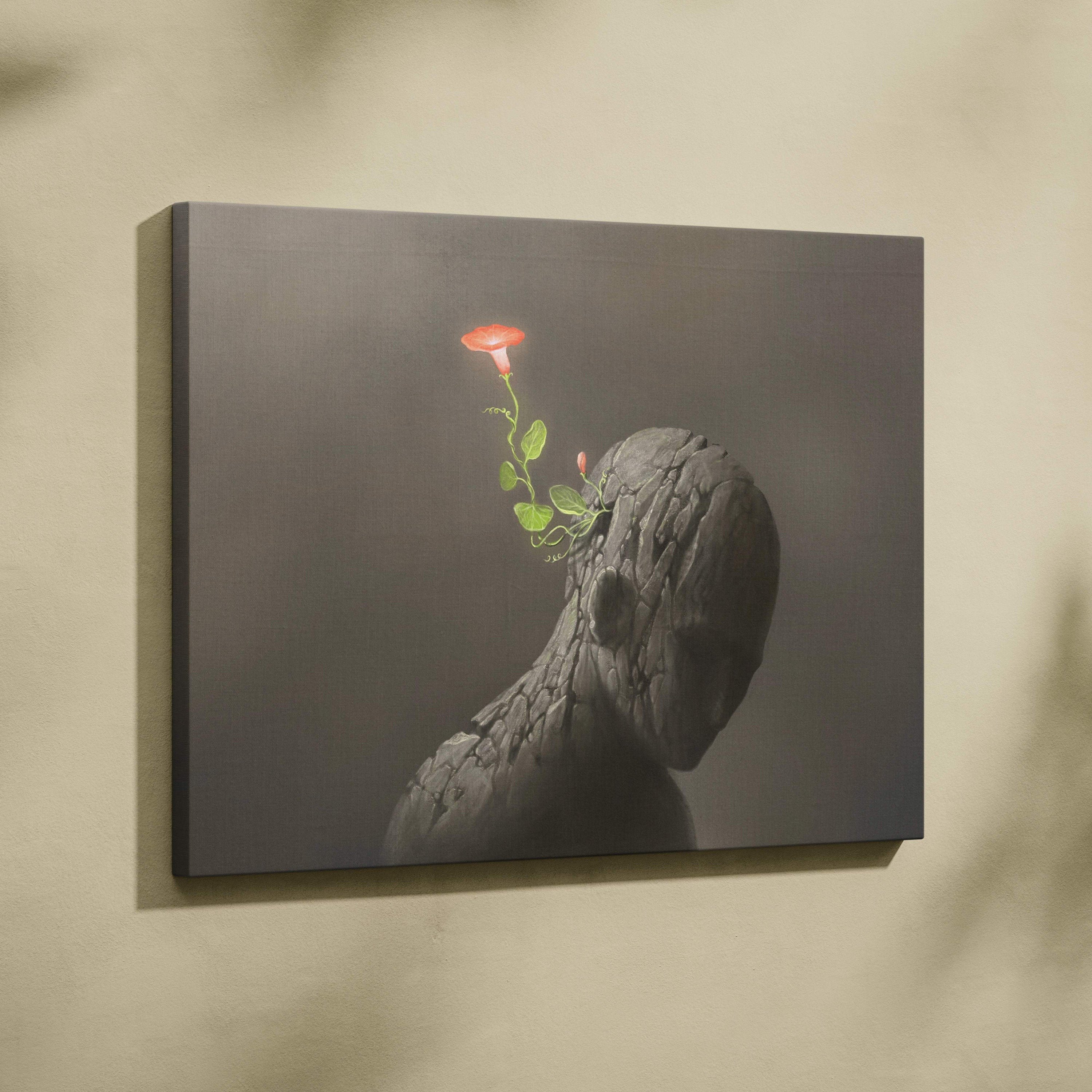 Contemporary flower head canvas wall art with textured gray stone figure and vibrant red flower for modern decor