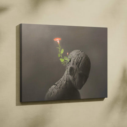 Contemporary flower head canvas wall art with textured gray stone figure and vibrant red flower for modern decor