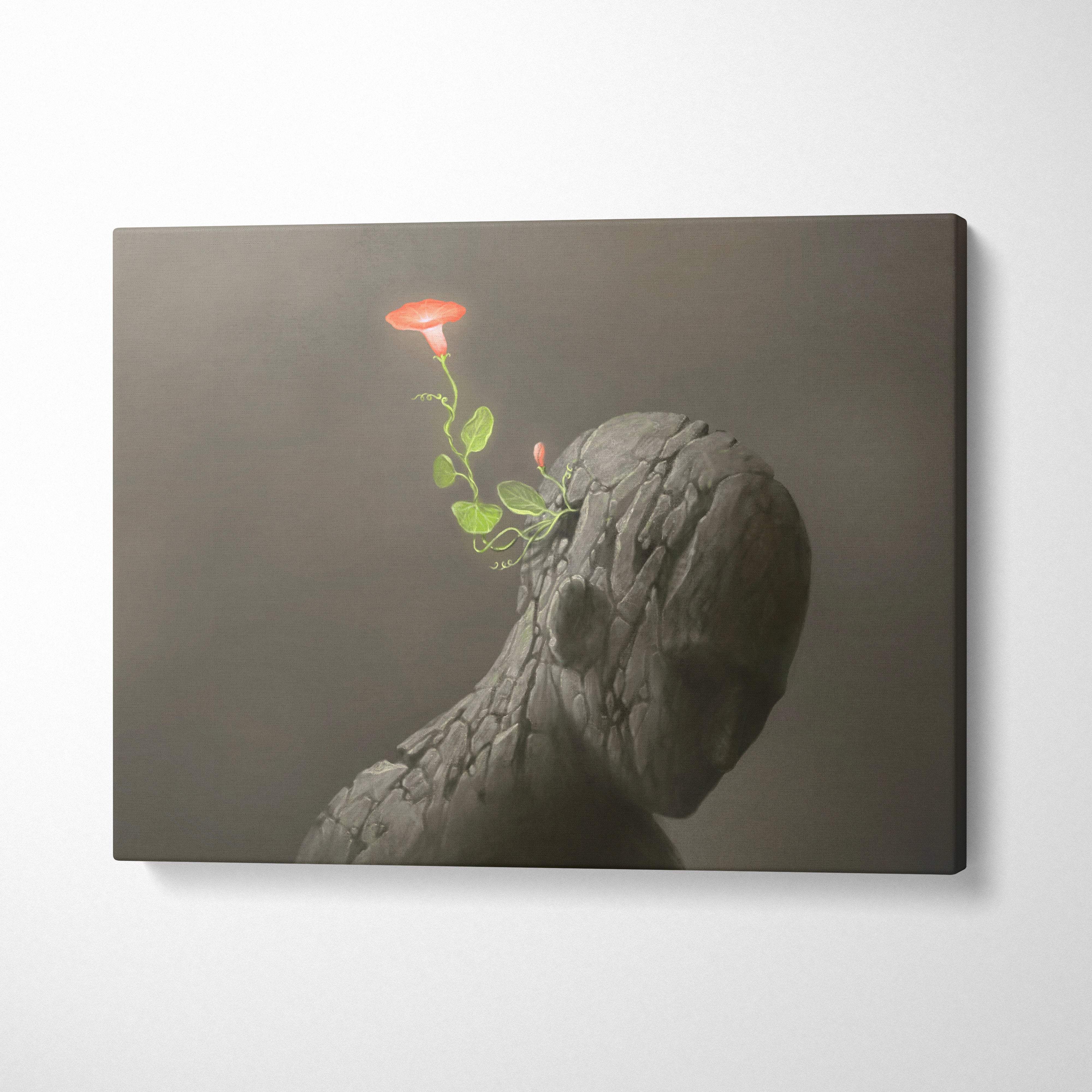 Gray textured canvas print of cracked stone figure with vibrant red flower head for modern botanical wall art decor