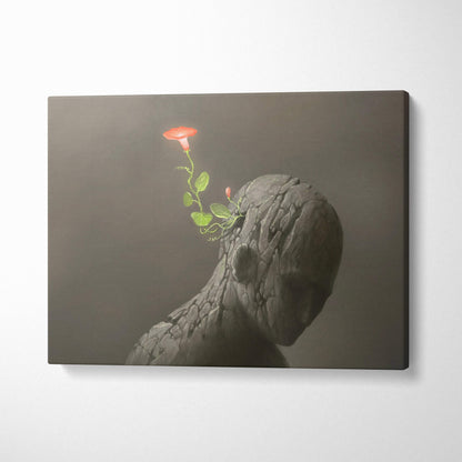 Gray textured canvas print of cracked stone figure with vibrant red flower head for modern botanical wall art decor