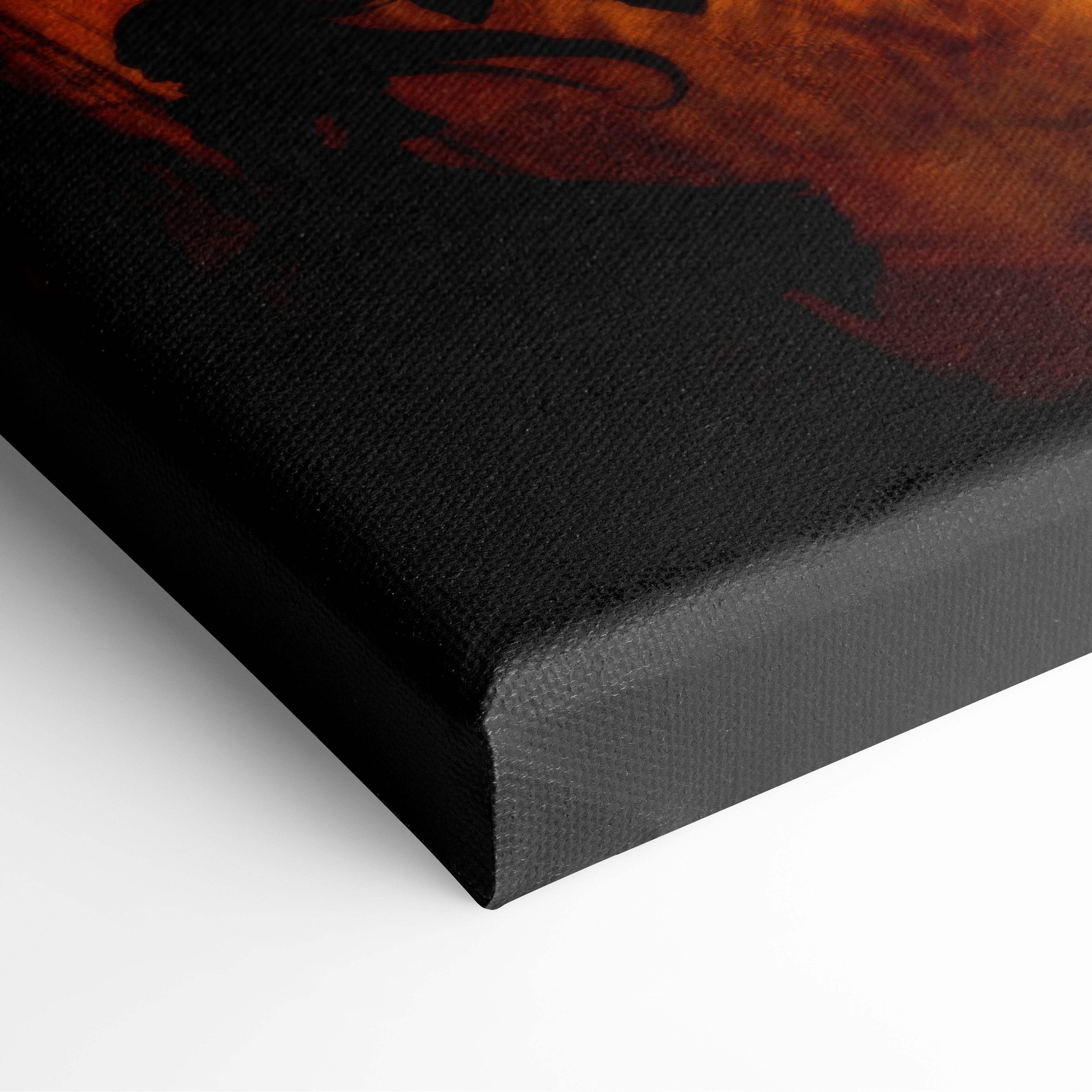 Black canvas print with textured surface featuring fiery orange-red epic angel vs demon battle artwork for dramatic decor