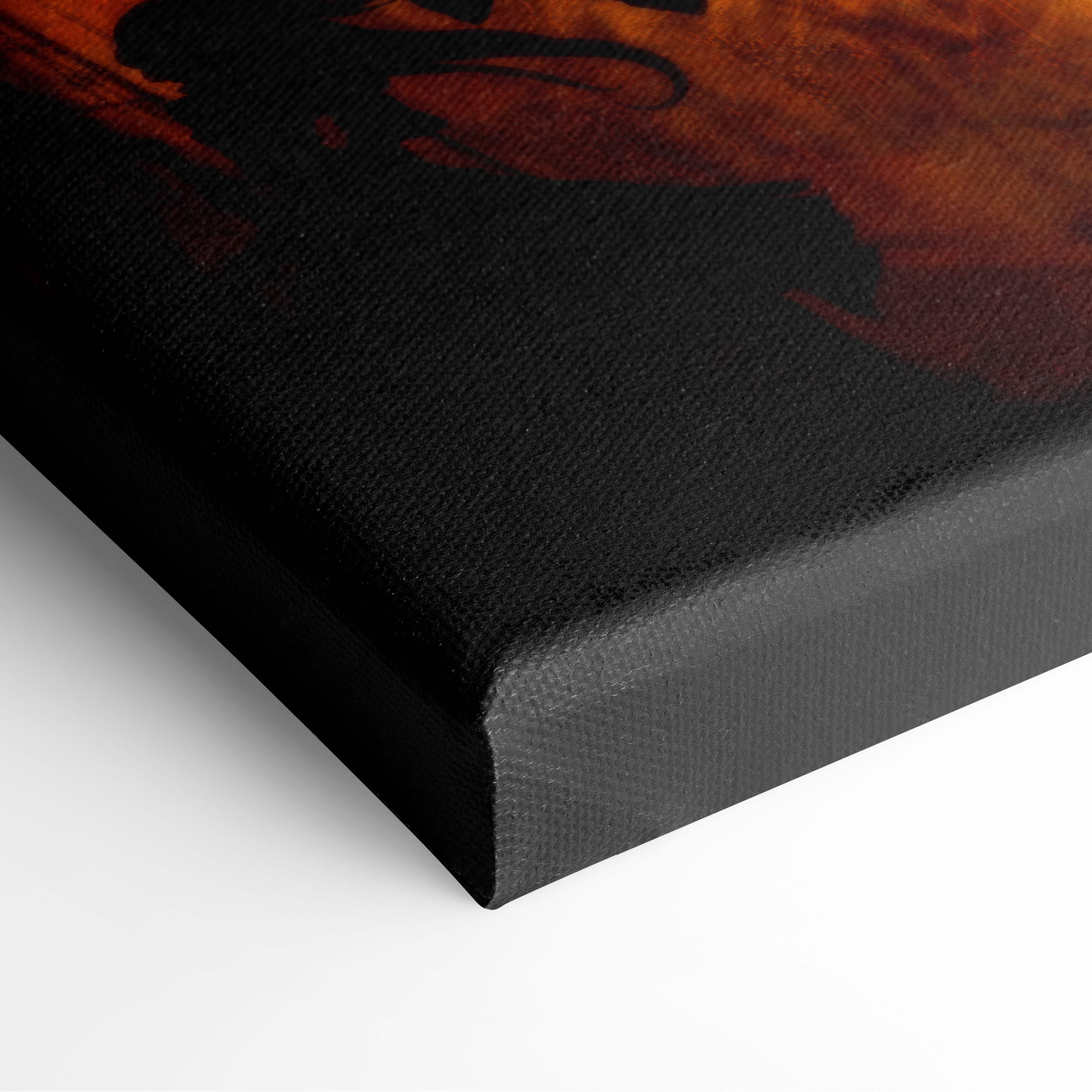 Black canvas print with textured surface featuring fiery orange-red epic angel vs demon battle artwork for dramatic decor