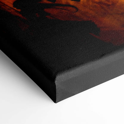 Black canvas print with textured surface featuring fiery orange-red epic angel vs demon battle artwork for dramatic decor