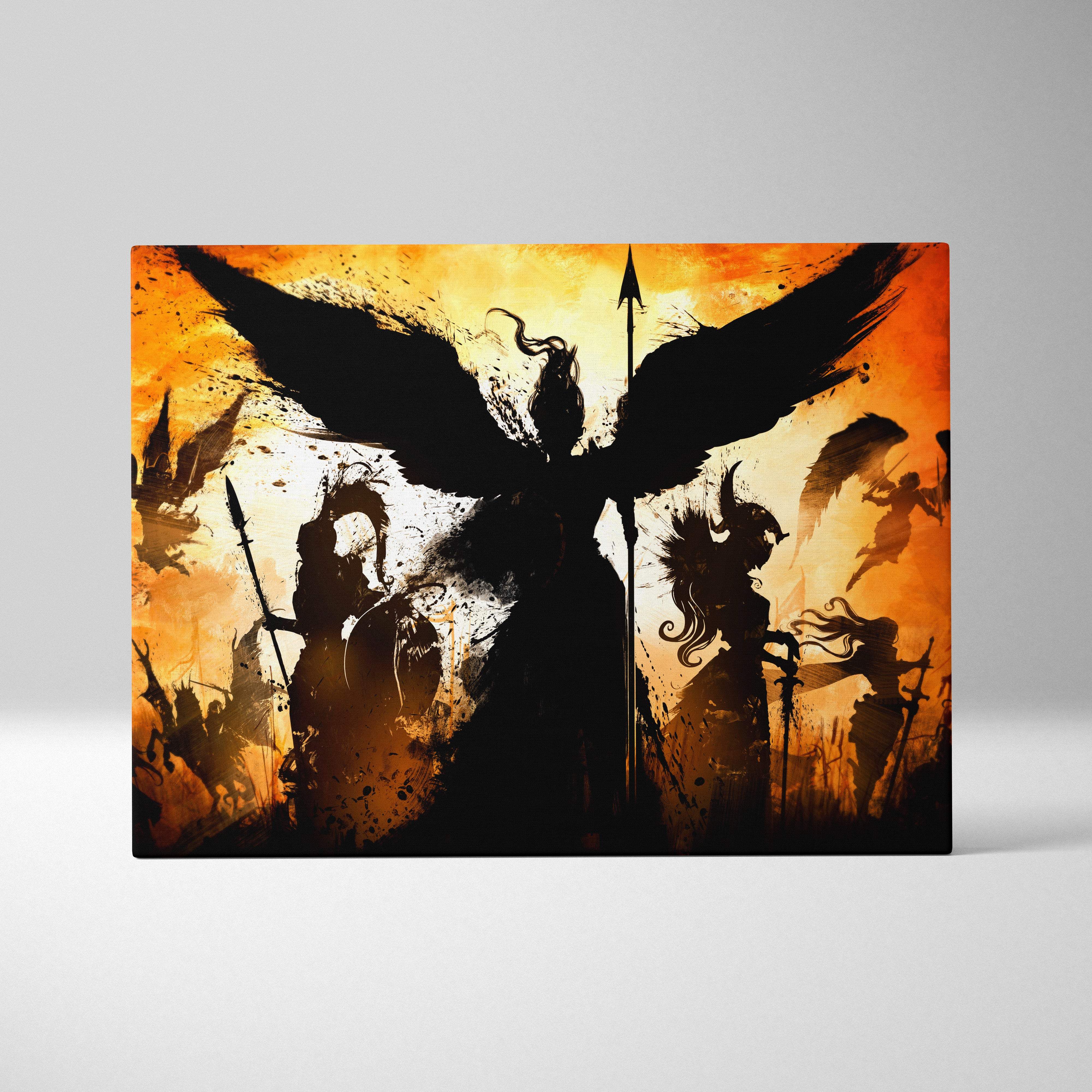 Black winged angel silhouette canvas print with fiery orange and yellow background for dramatic gothic decor